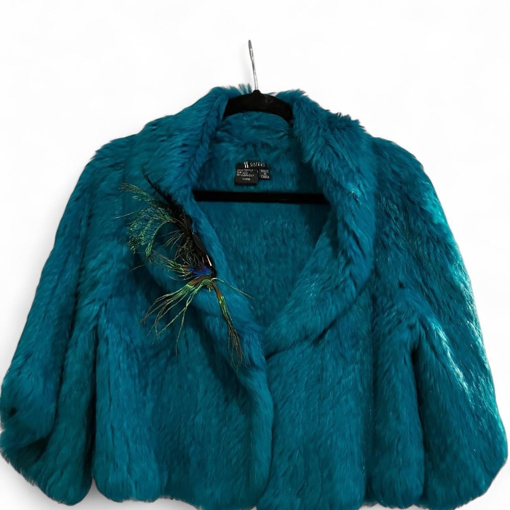 Teal Fur Coat with Feather Accent